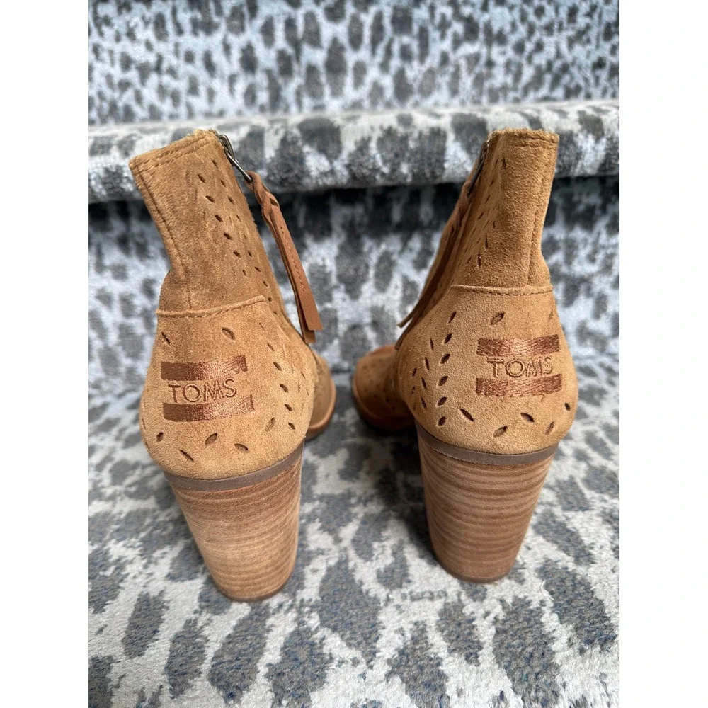 Toms Majorca Tan Suede Laser Cut Peep Toe Block Heel Booties Women 8.5